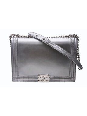 Chanel Boy Chain Shoulder Bag CC Logo Calfskin Silver
